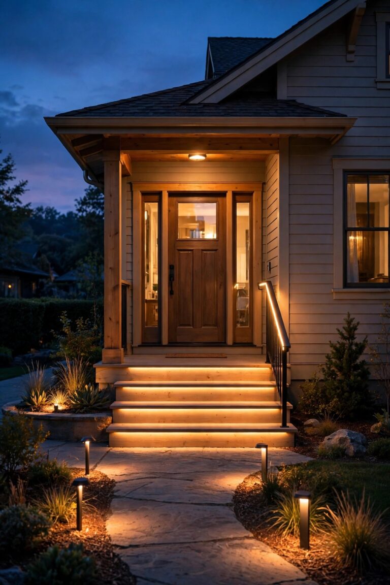 Warm welcoming home at dusk with evenly lit front steps, a glowing handrail and soft path lights, outdoor lighting for aging in place that looks residential and cozy