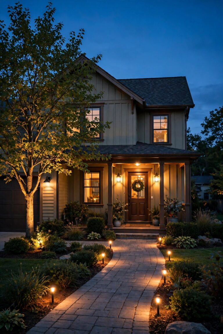 Warm dusk view of a welcoming suburban home with layered outdoor lighting, glowing path lights along the walk, a lit entry, and one softly uplit tree