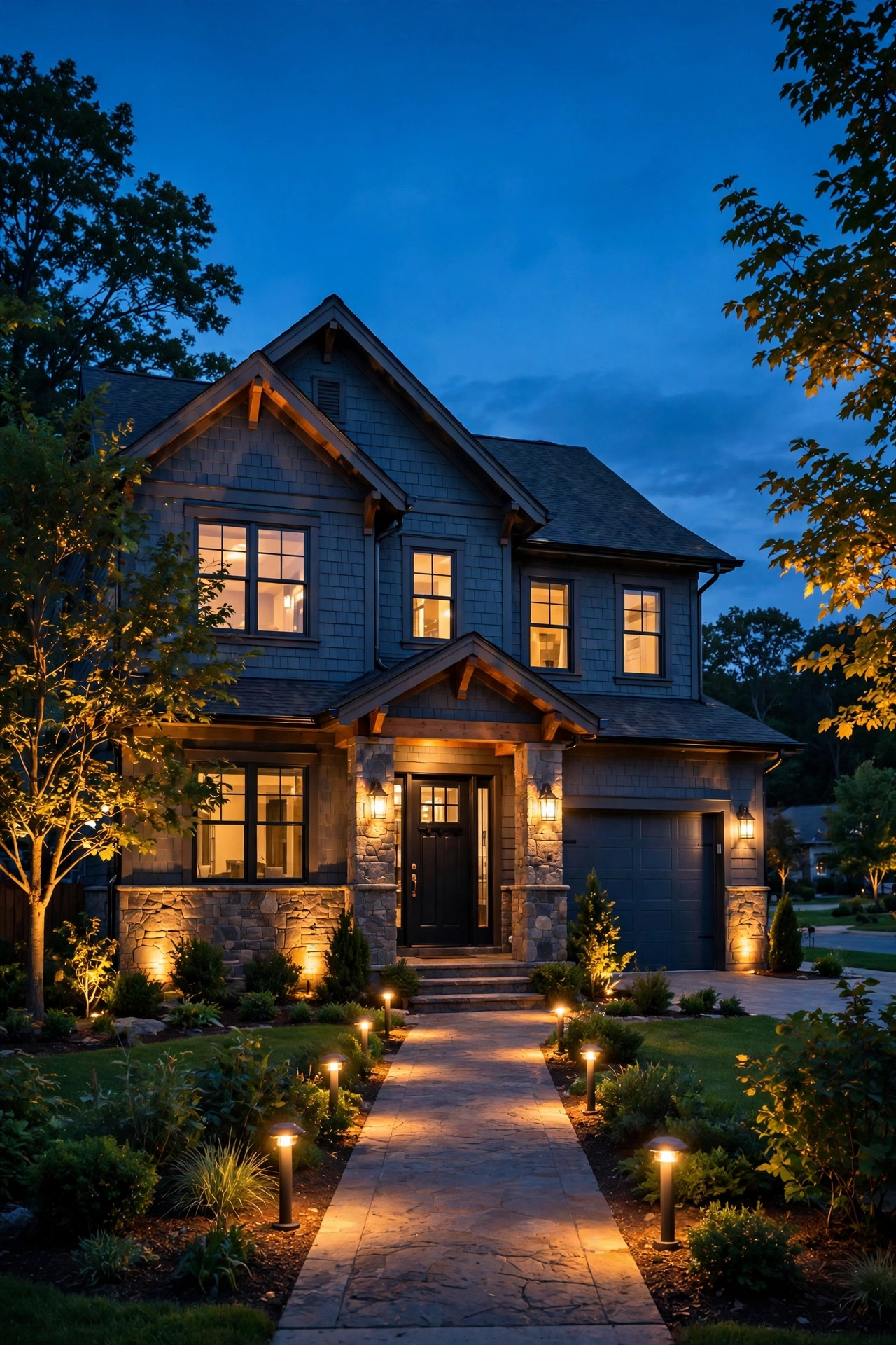 Suburban home at dusk with layered outdoor lighting curb appeal glowing warmly