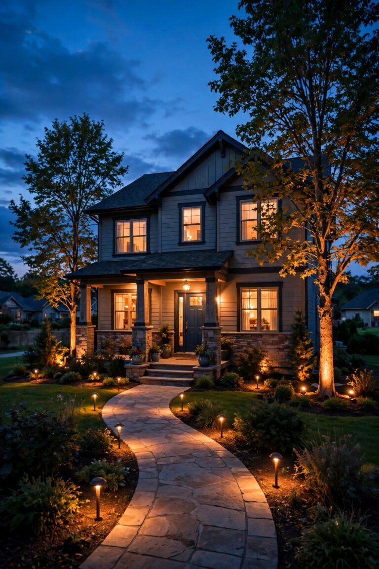 Warm suburban home at dusk with a full low-voltage LED landscape lighting system glowing, path lights along the front walkway, uplights washing two trees and a lit porch under a deep blue twilight sky