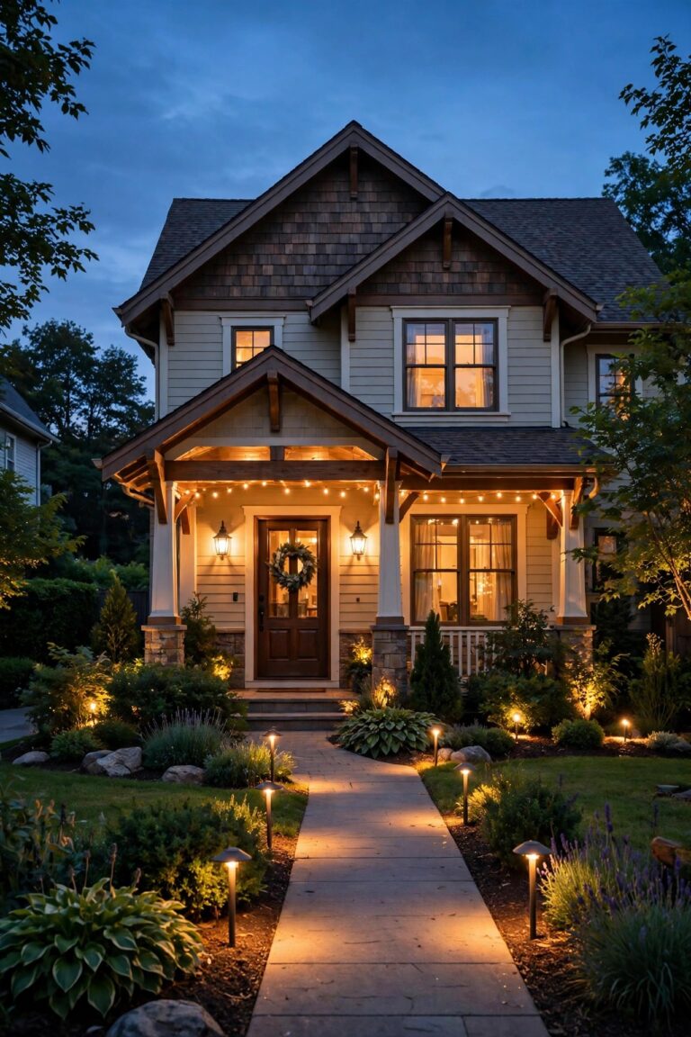 Photorealistic warm dusk view of a cozy suburban home with layered warm white porch, path and landscape lighting glowing efficiently across the front yard