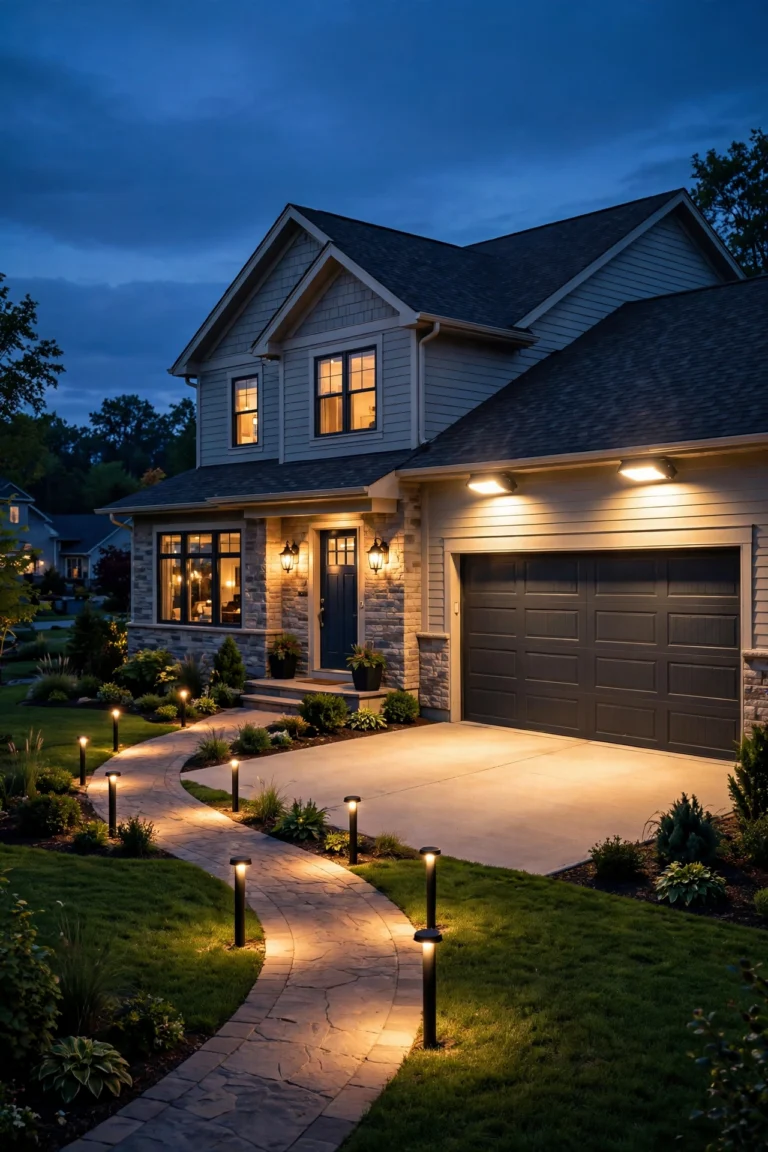 Well-lit suburban home at dusk with layered outdoor lighting for home security