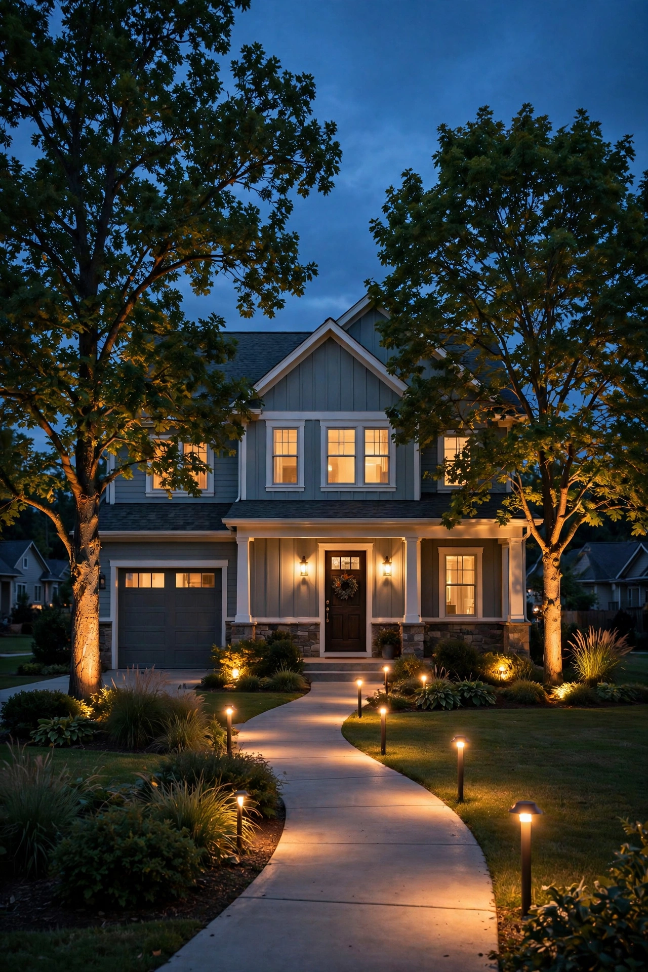 Outdoor lighting lumens guide — warm landscape lights glowing across a suburban home exterior at dusk