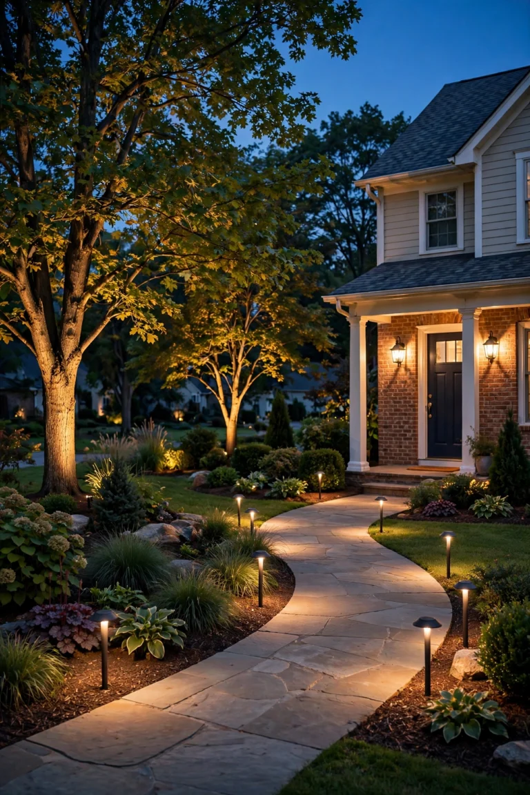 Warm dusk view of a landscaped yard glowing with maintained path lights, uplights and porch fixtures |