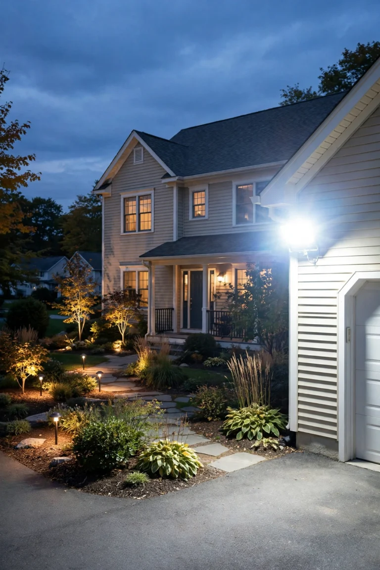 Suburban home at dusk showing common outdoor lighting mistakes — overly bright floodlight creating glare beside a warm, balanced landscape lighting setup