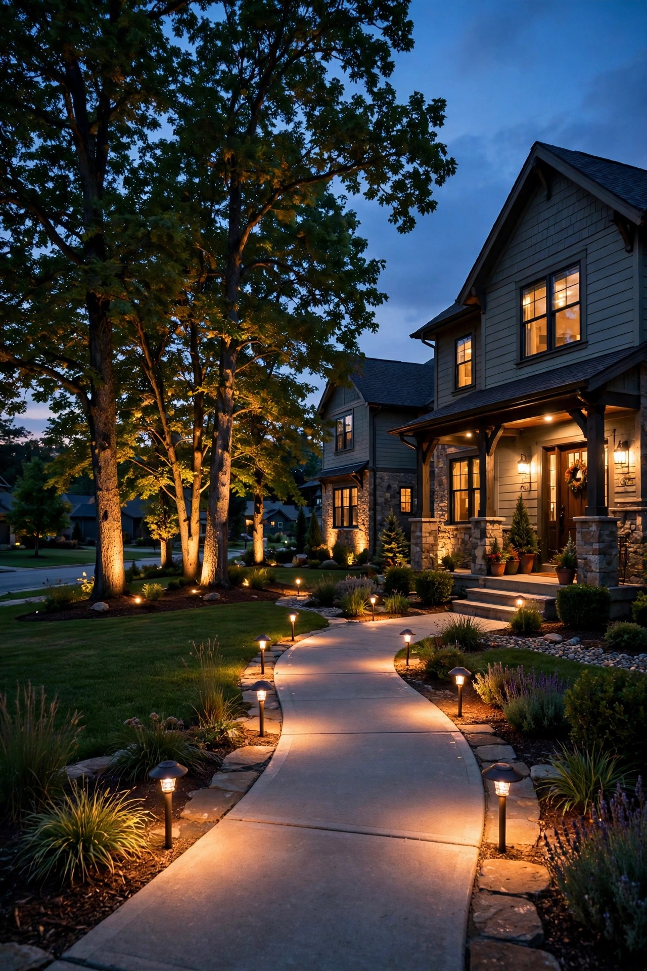 Suburban front yard at dusk glowing with code-compliant outdoor lighting, warm path lights along the walkway and uplights washing the trees