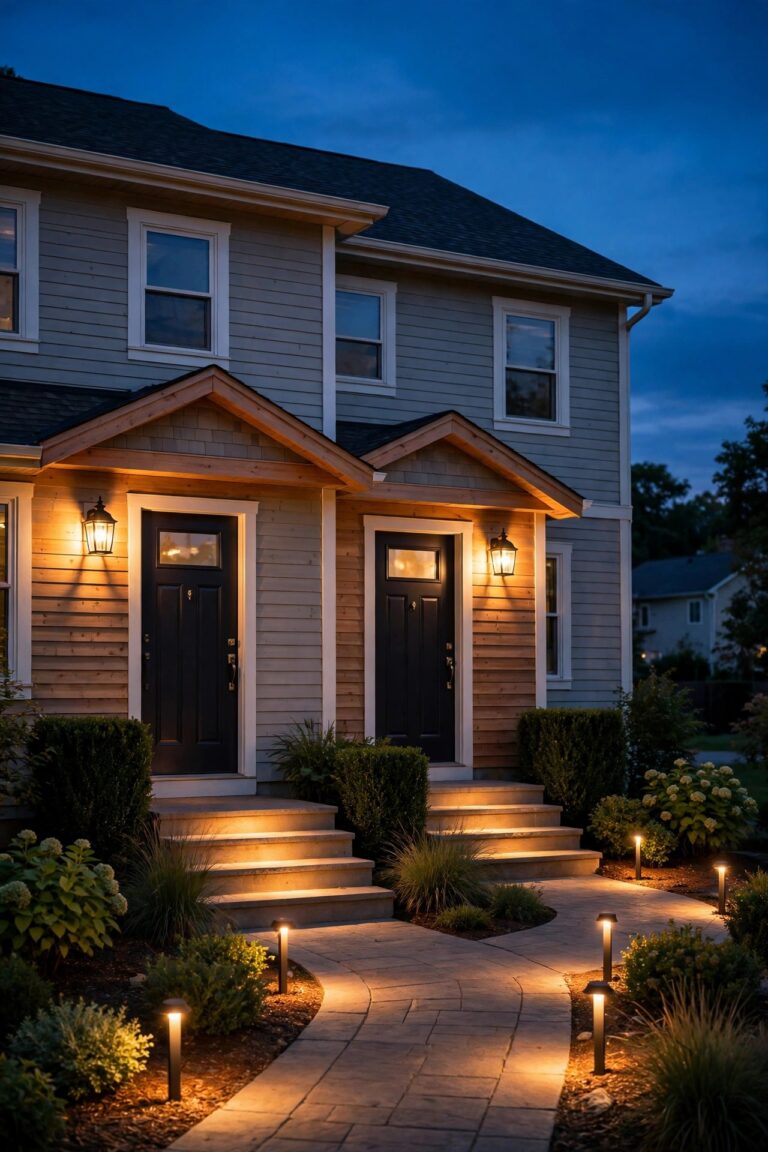 Warm dusk view of a tidy duplex front with a glowing porch lantern, clearly lit front steps and warm path lights along the walkway