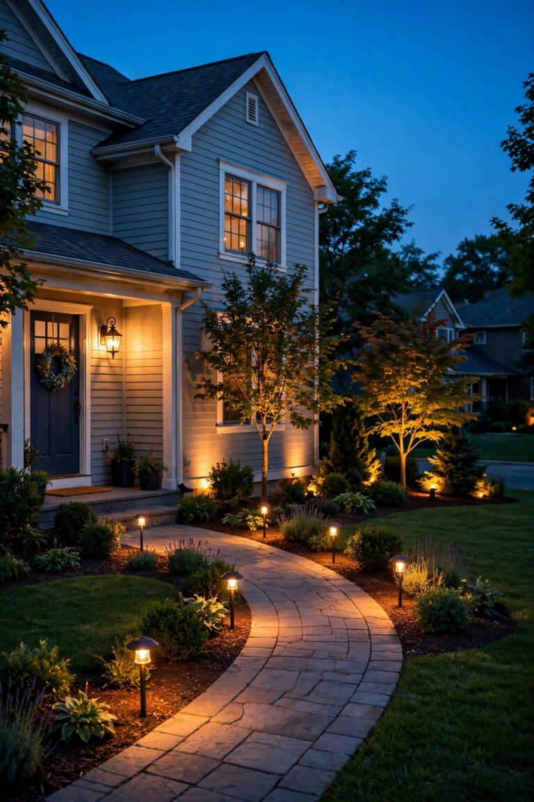 Homeowner-style dusk view of a warm suburban front yard with path lights, porch lantern and uplights glowing, every fixture lit and tidy during an evening inspection walk