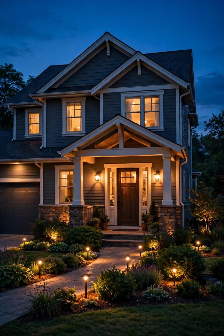 Warm suburban home at dusk with a lit front porch, glowing path lights and garden accent lights under a deep blue twilight sky, the first act of a planned outdoor lighting schedule