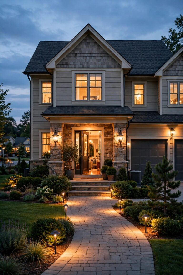Photorealistic warm dusk view of a suburban home staged for sale, glowing porch lanterns flanking the front door, a fully lit front walk, and warm light spilling from the windows