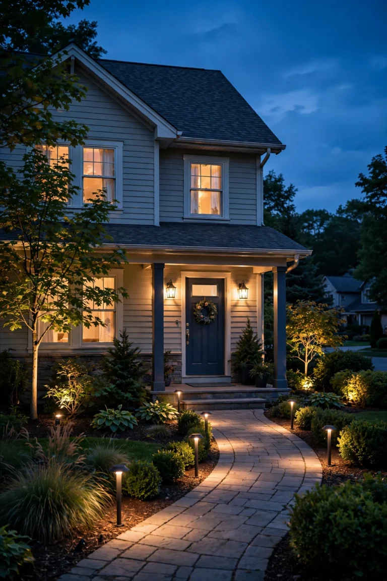 Cozy suburban house glowing with automated outdoor lighting at dusk, warm porch light and path lights on