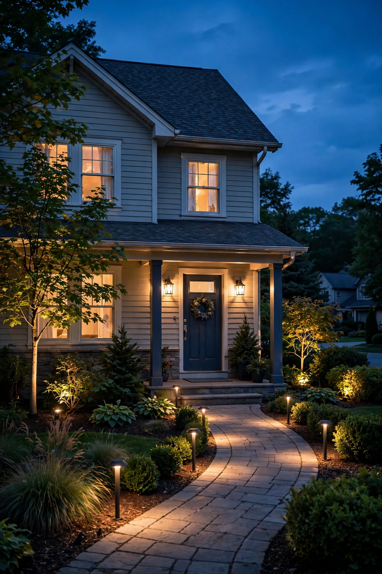 Cozy suburban house glowing with automated outdoor lighting at dusk, warm porch light and path lights on