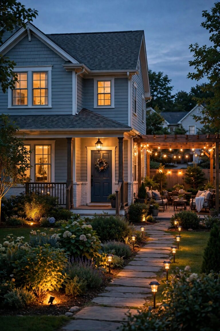 Photorealistic warm dusk view of a cozy American suburban home with the whole yard softly lit, glowing porch lantern at the front entry, solar path lights along the front walkway, string lights over the backyard patio, and two accent spotlights washing a garden bed, golden 2700K light