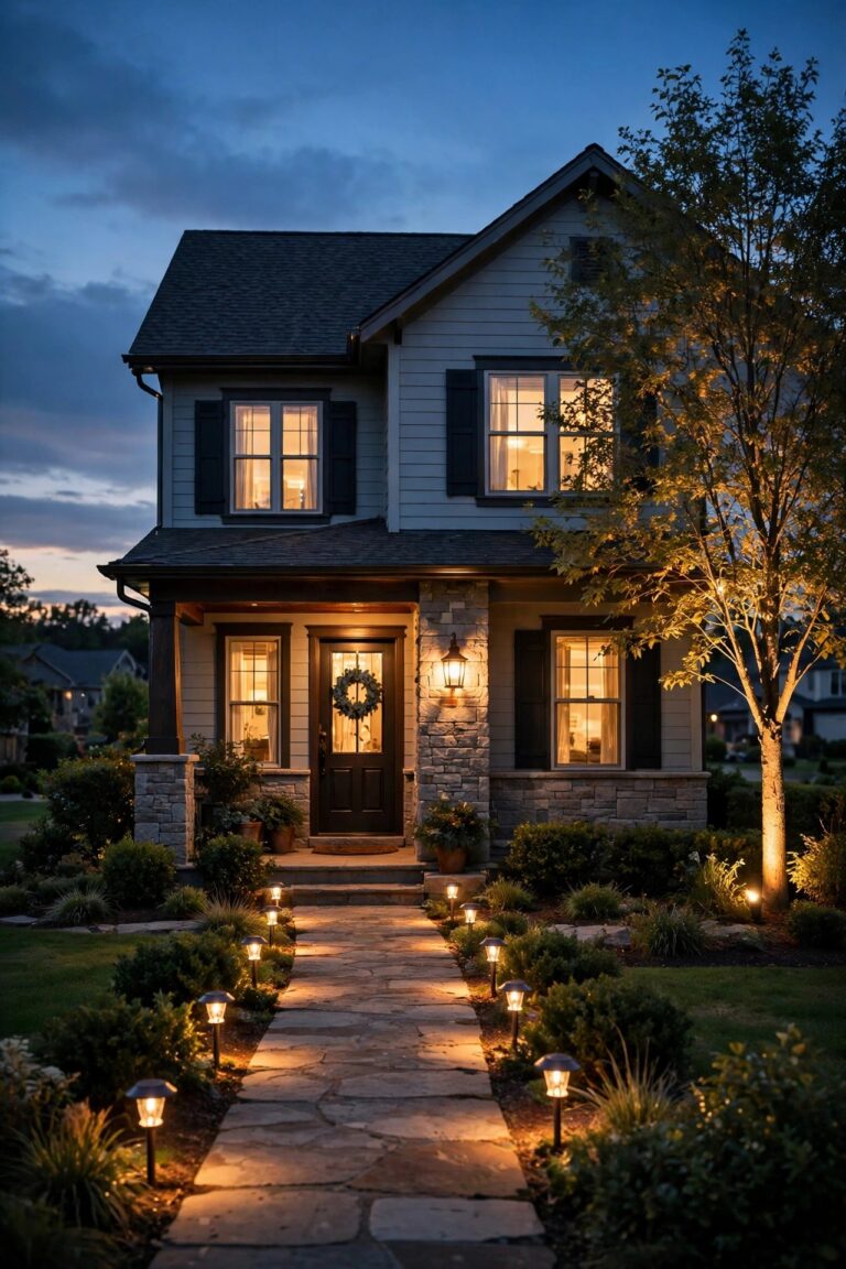 Photorealistic warm dusk view of a suburban home glowing before an evening showing, warm lantern light at the front door, solar path lights along the walkway and one tree softly uplit