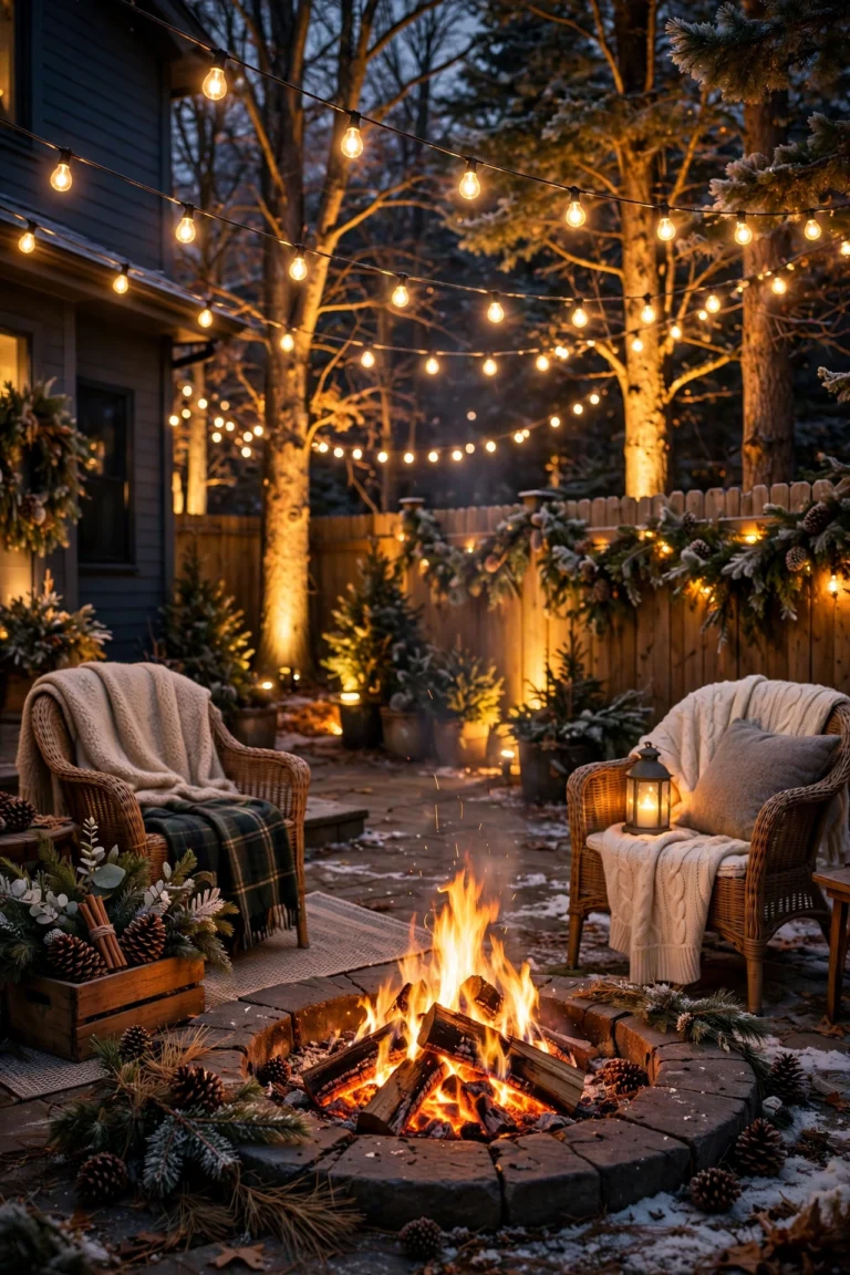 Backyard New Year's Eve party at night glowing with outdoor New Year's Eve lighting — string lights, fire pit, and warm gold uplighting