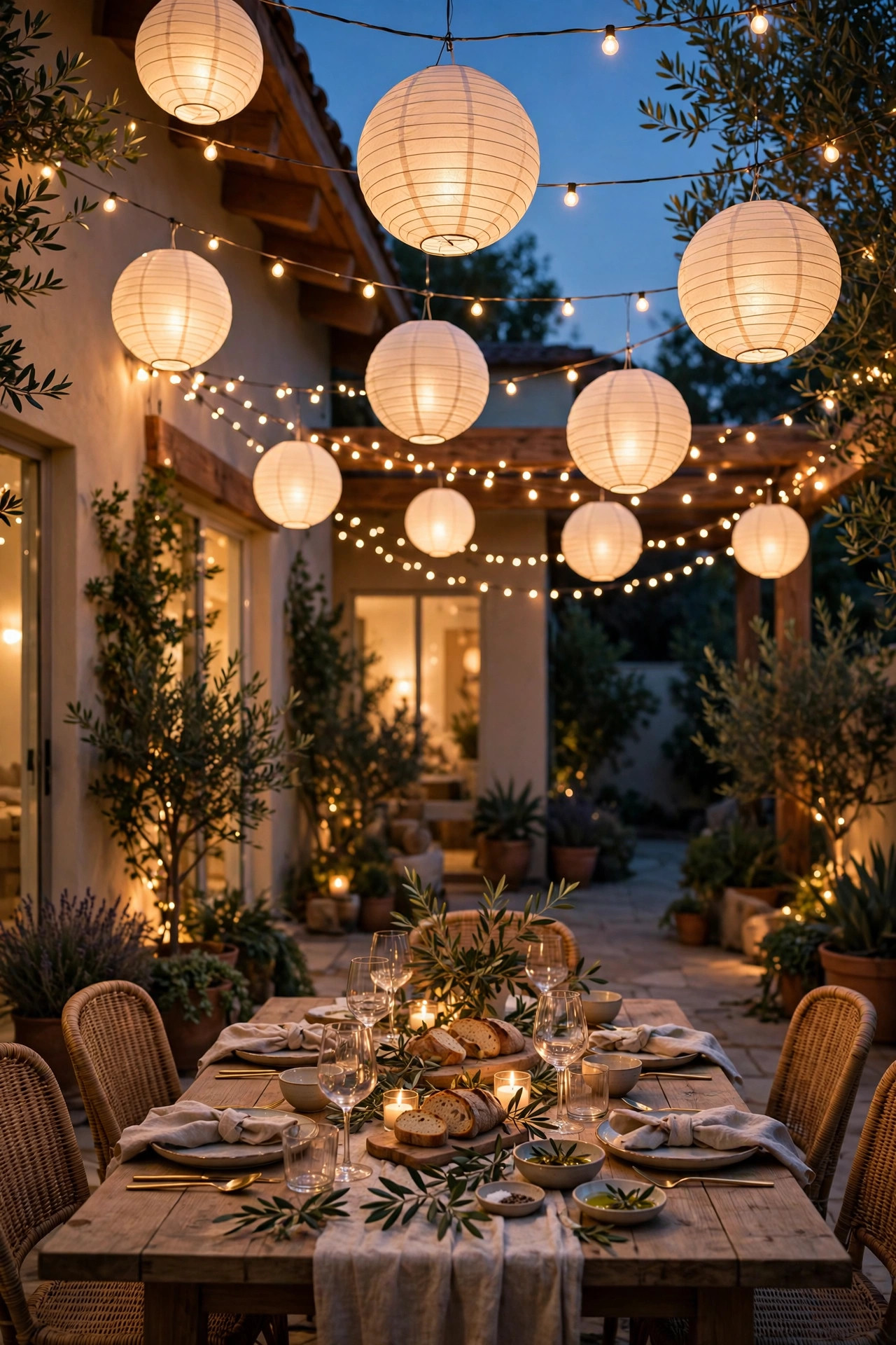 Warm white paper lanterns glowing over a patio dinner party at dusk, layered with string lights