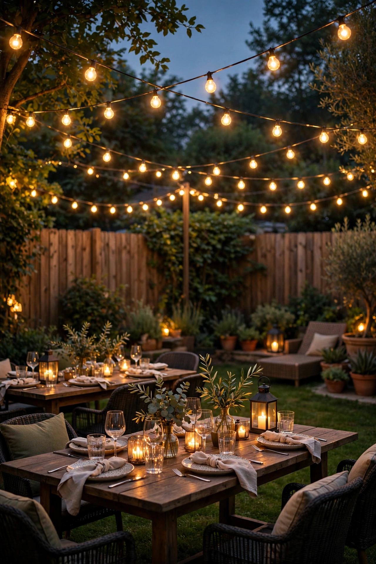 Backyard party at dusk glowing with string lights, lanterns and warm outdoor lighting over tables and guests