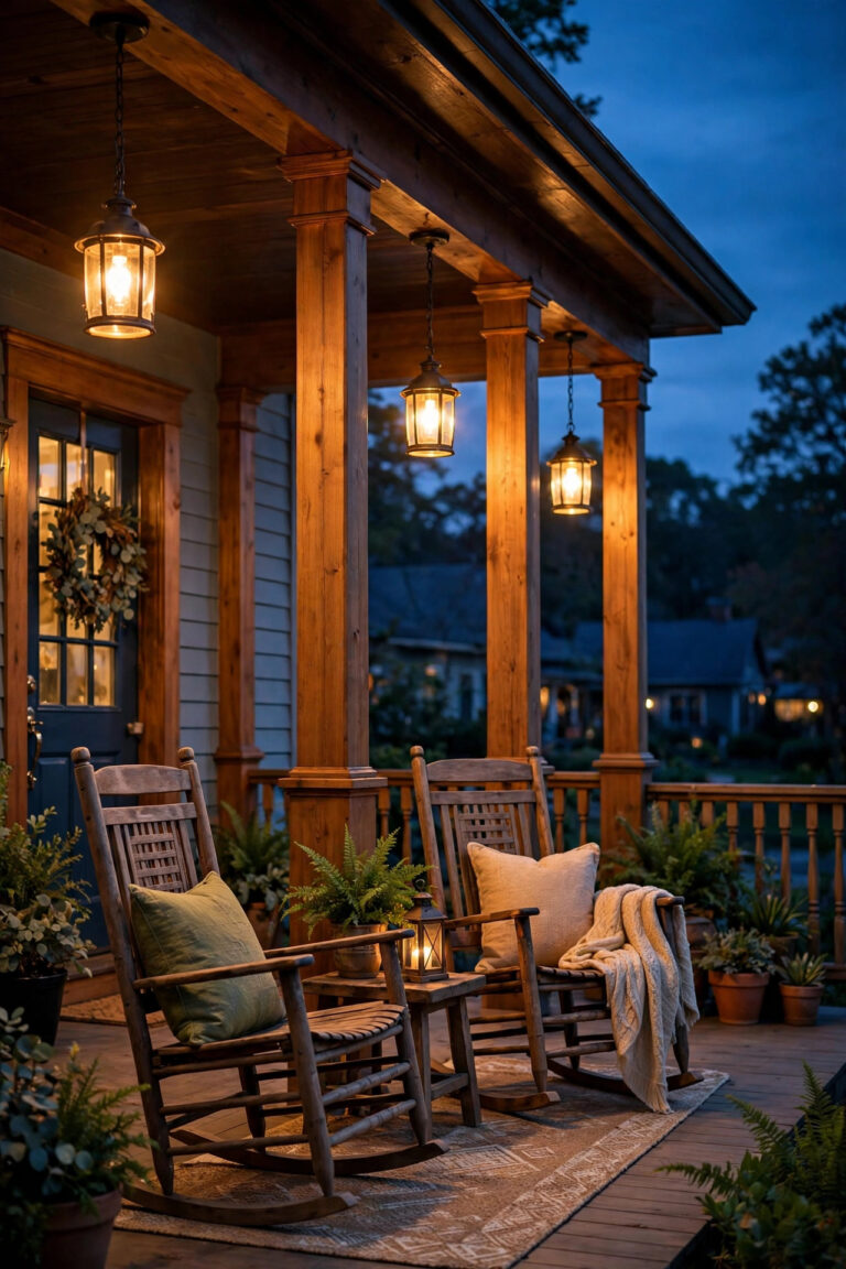 Warm glowing outdoor pendant lights hanging over a cozy front porch at dusk