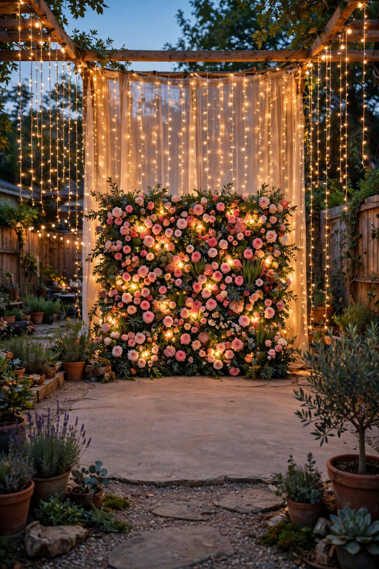 Outdoor photo backdrop at dusk with warm fairy light curtains, a glowing flower wall and guests posing area in a cozy backyard
