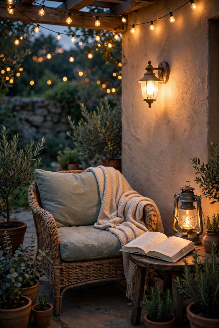 Cozy outdoor reading nook at dusk with a cushioned chair, warm sconce light over an open book, string lights overhead and a lantern on the side table