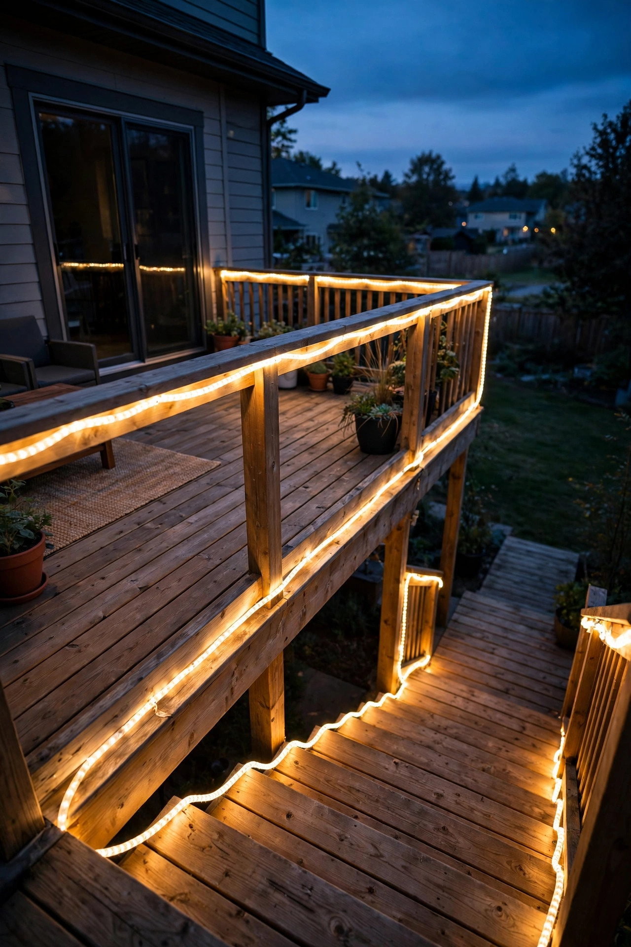 Wooden deck at dusk glowing with warm white outdoor rope lights along the railing and steps