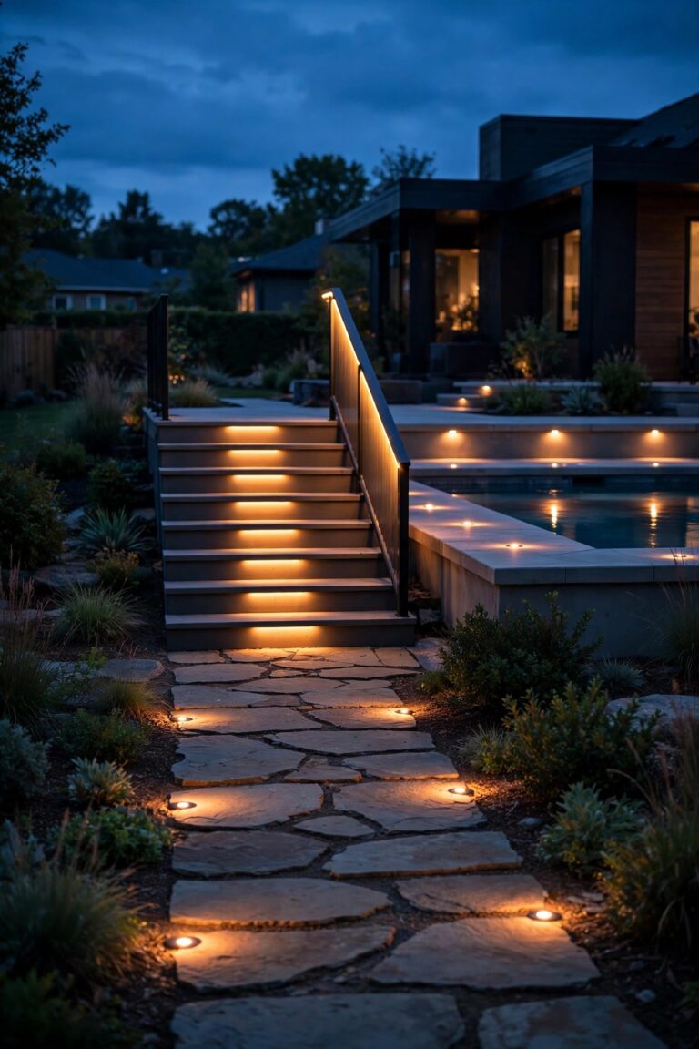 suburban backyard at dusk with warm recessed step lights on every stair riser, glowing handrail, flush pool deck lights and an evenly lit stone path, outdoor safety lighting ideas