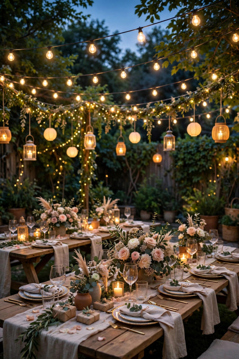 Backyard bridal shower at dusk with warm globe string lights, fairy lights, and glowing lanterns over decorated tables