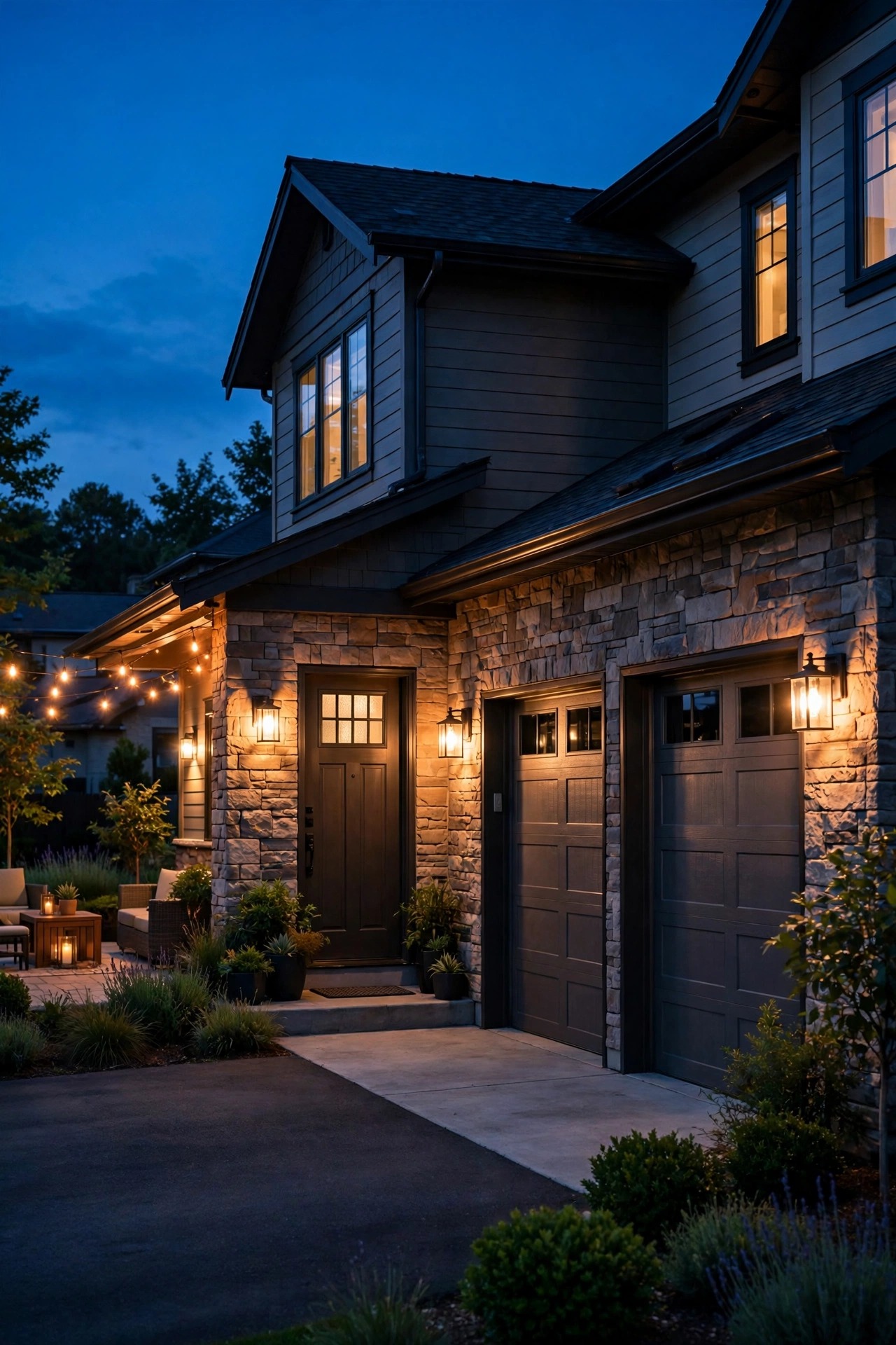 Warm outdoor smart bulbs glowing in porch sconces, garage coach lights and patio fixtures at dusk, controlled by a phone app