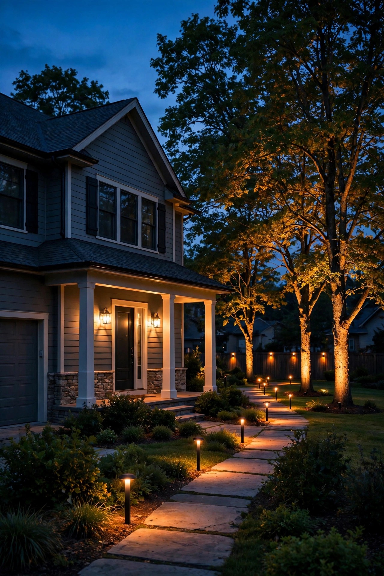 American suburban home at dusk with a full smart lighting system glowing, path lights running to the back fence, uplights on trees, and warm porch fixtures near the house