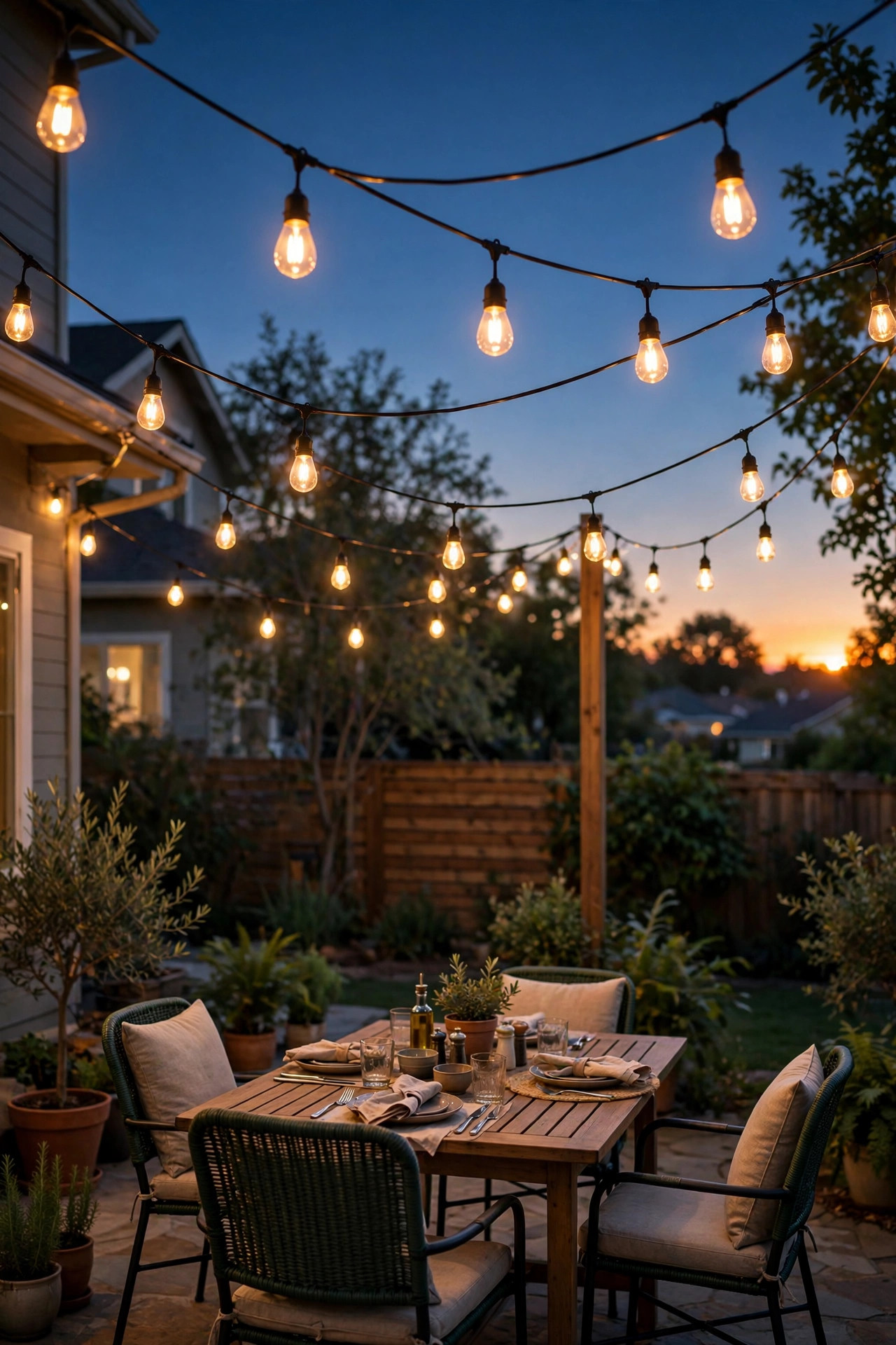 String lights with warm Edison bulbs swagged across a backyard patio at dusk, glowing over an outdoor dining set