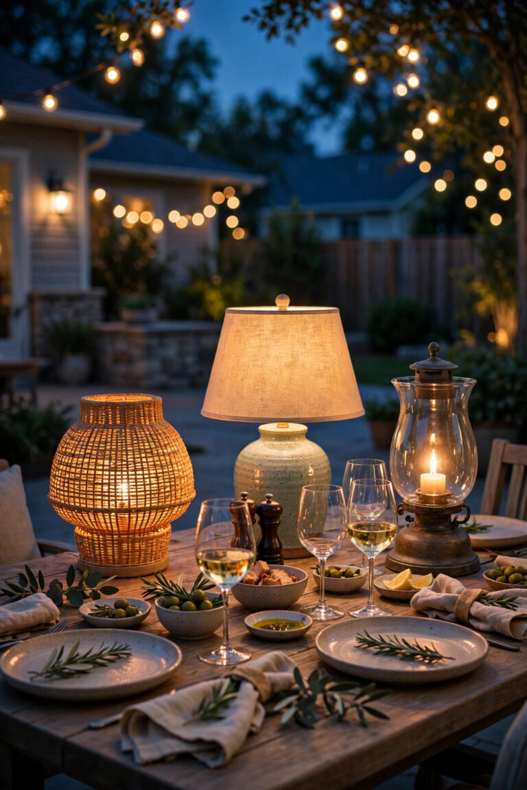 Glowing outdoor table lamps on a patio dining table at dusk, cozy layered light