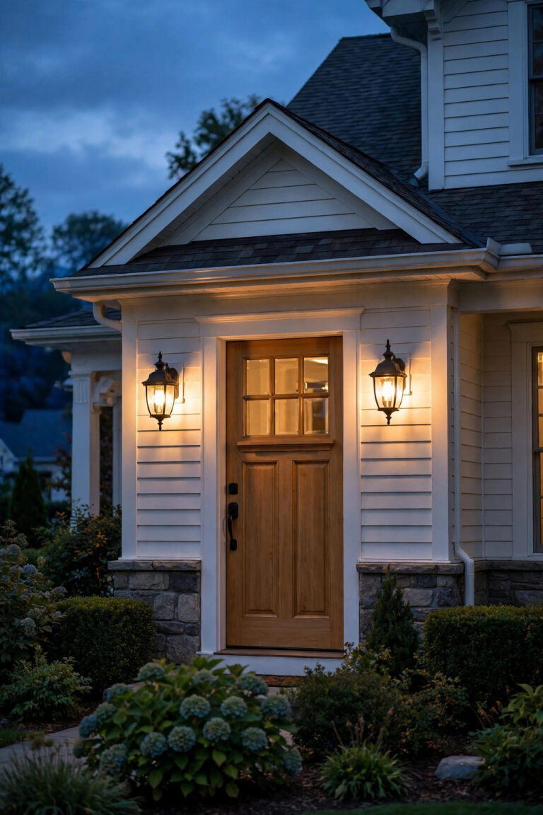 Glowing outdoor wall lanterns flanking a front door at dusk on an American home