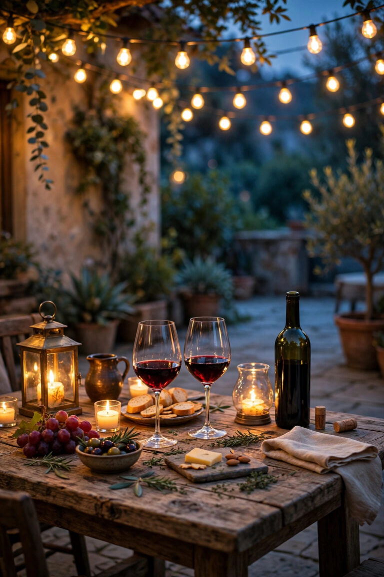 Outdoor wine tasting table at dusk with cafe string lights overhead, candle lanterns and wine glasses glowing warm on a patio