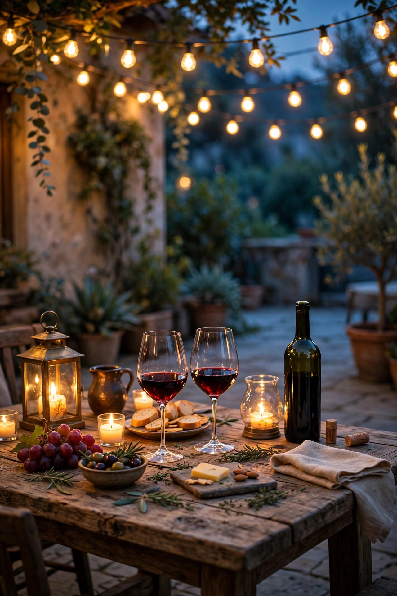 Outdoor wine tasting table at dusk with cafe string lights overhead, candle lanterns and wine glasses glowing warm on a patio