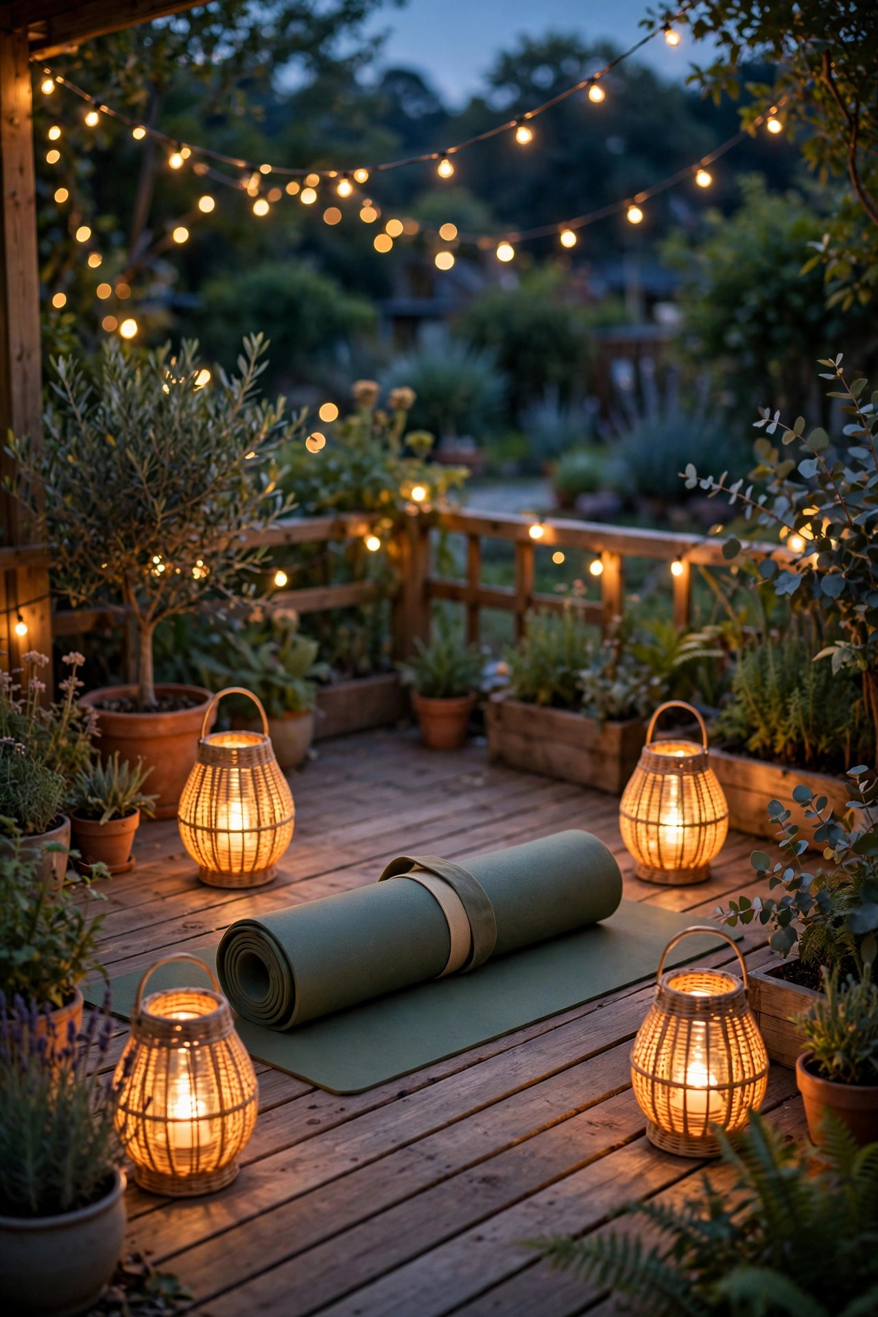 Outdoor yoga space at dusk with a rolled mat on a wooden deck surrounded by warm solar lanterns and soft string lights