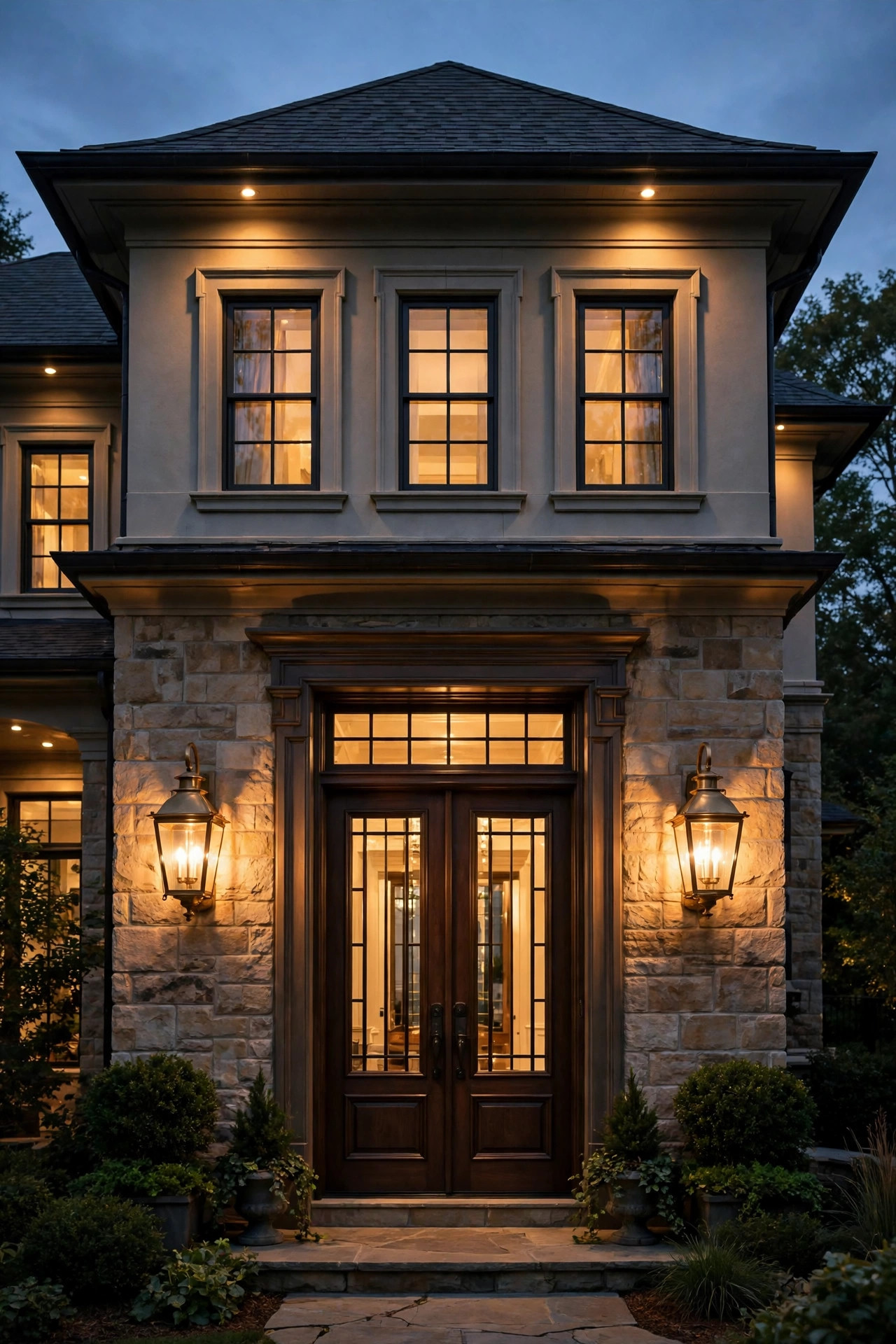Grand two-story home entry at dusk with a pair of oversized outdoor sconces flanking a tall double front door, warm golden light washing the facade