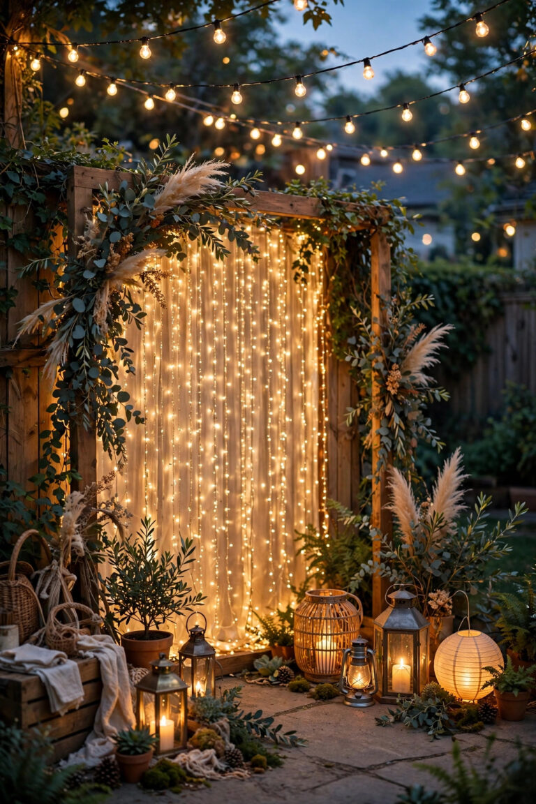 Backyard party photo booth corner at dusk with a warm fairy light curtain backdrop, string lights overhead, and lanterns on the ground