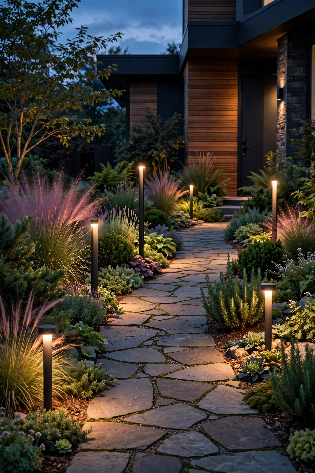Front walkway at dusk with path lights at varied heights matched to layered plantings, warm white glow