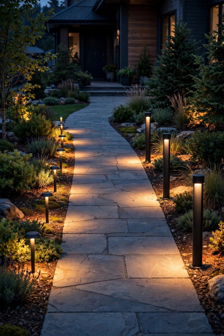 Front walkway at dusk lit two ways, low path lights washing the left side of the path and taller bollard lights pooling light on the right, warm 2700K glow