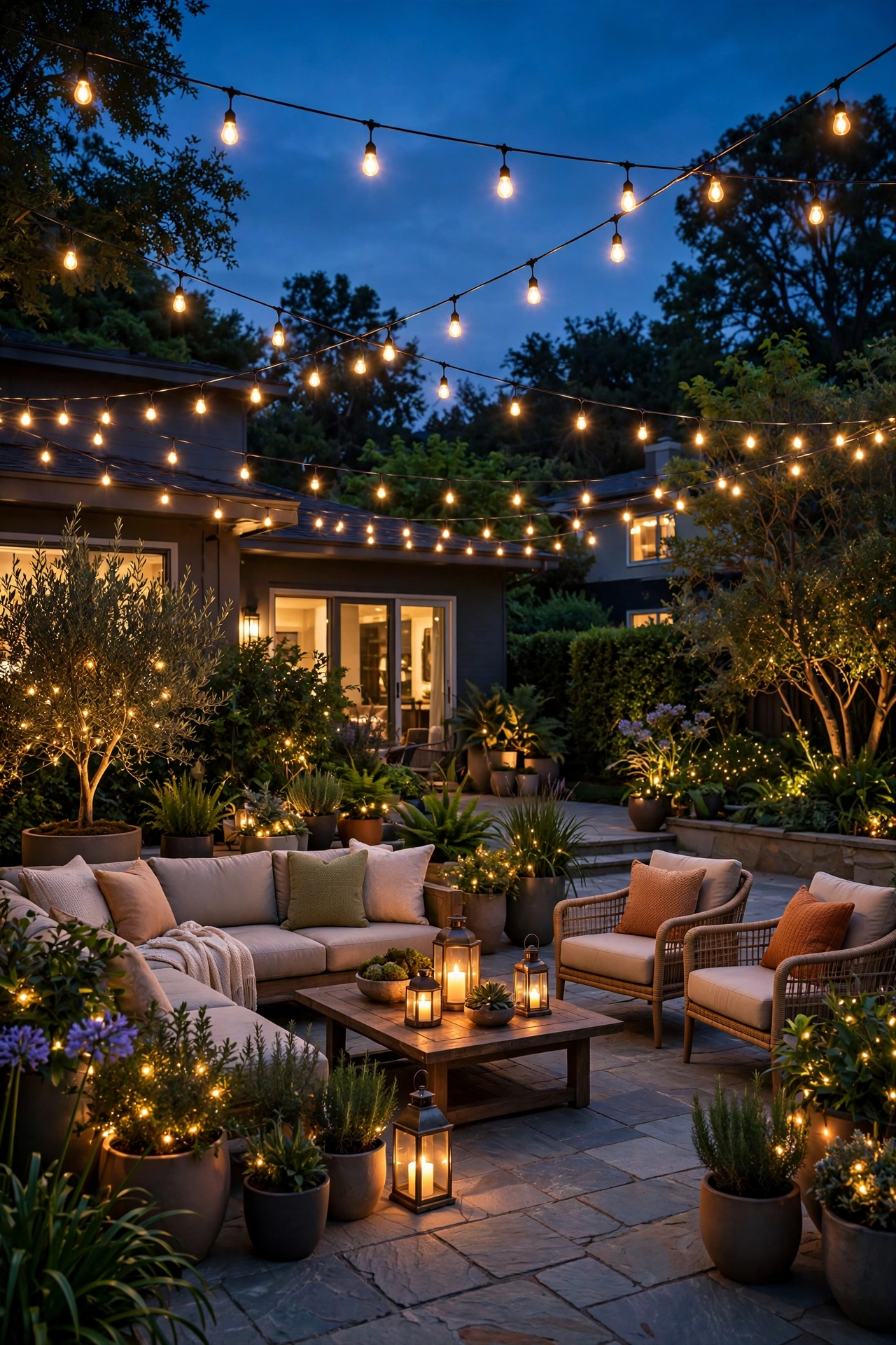 Warm glowing patio at dusk with string lights, lanterns, and cozy outdoor seating