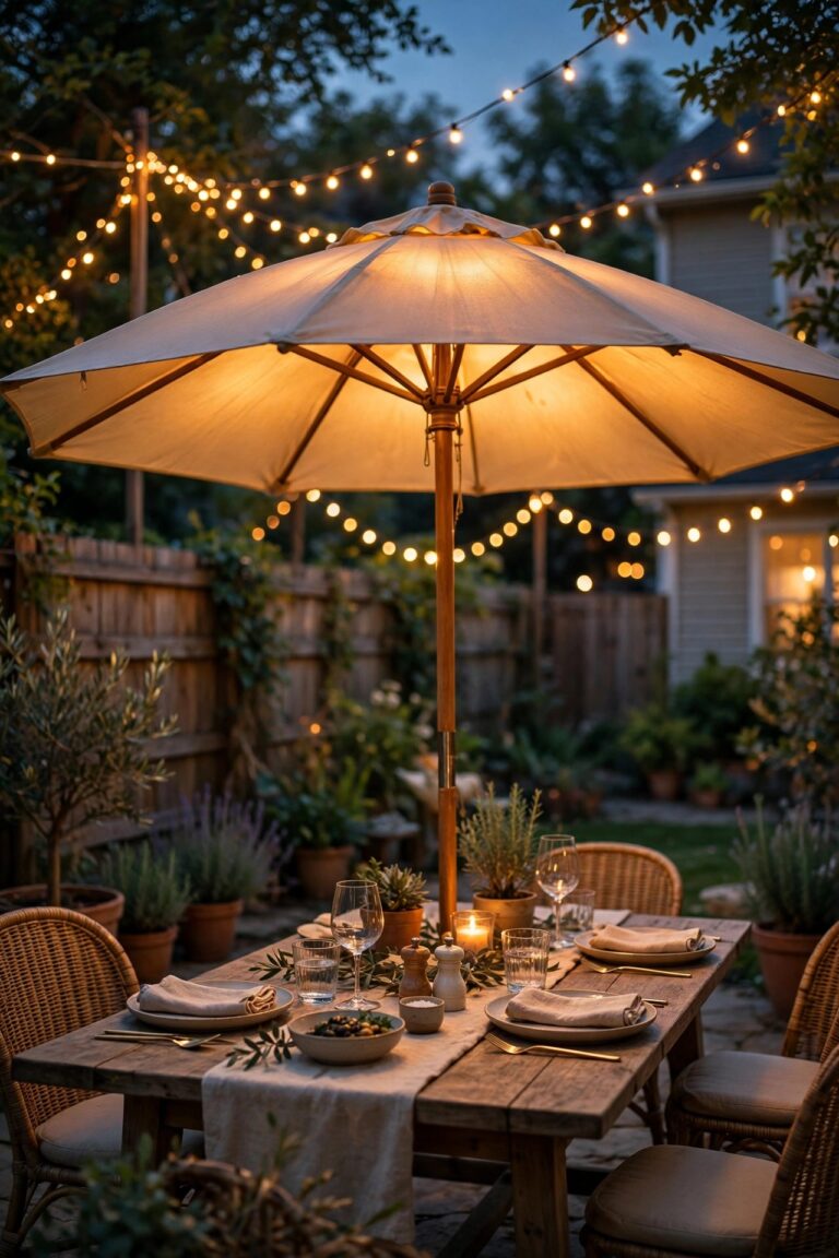 Patio umbrella glowing warmly over an outdoor dining table at dusk with string lights and a cozy suburban backyard