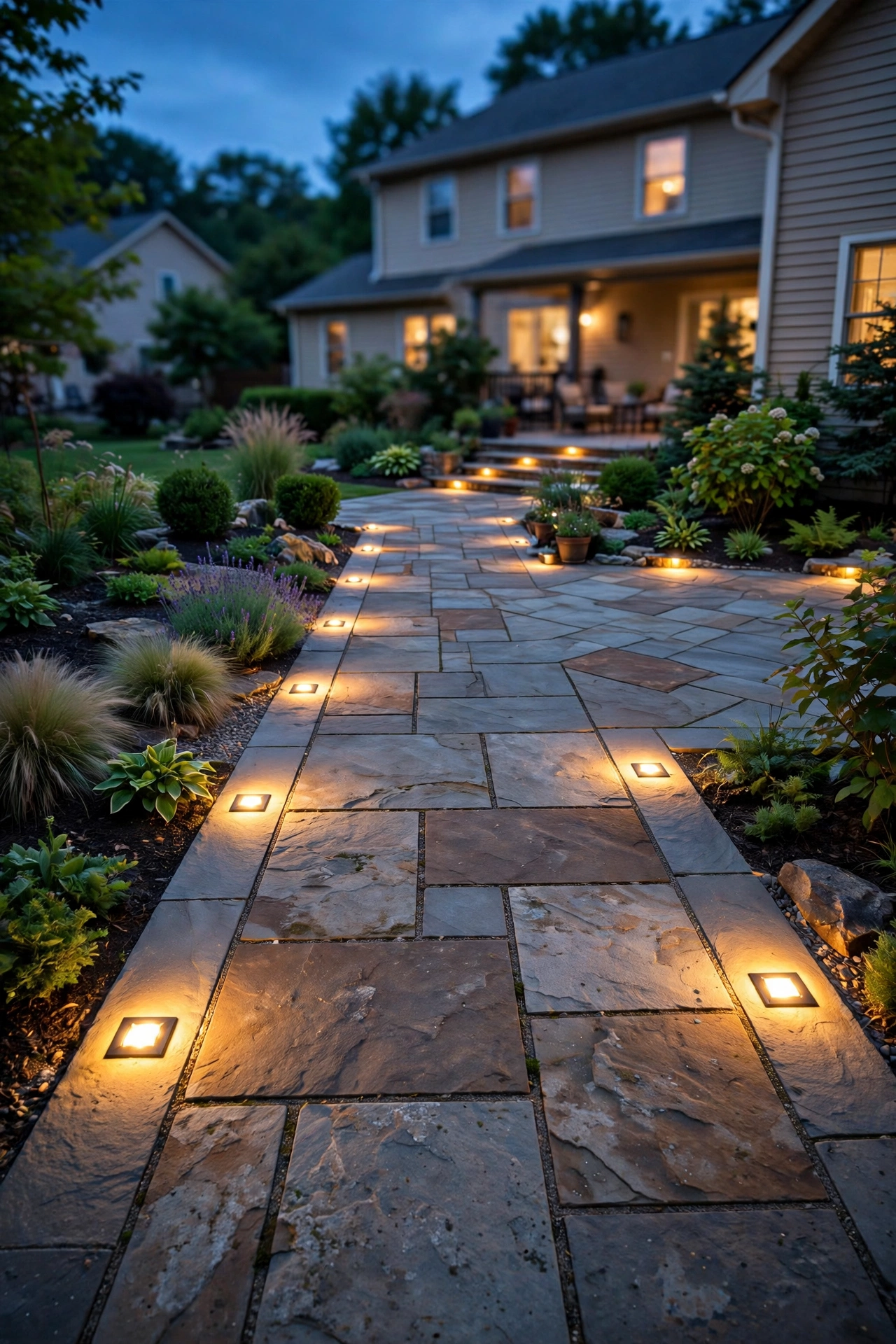 Glowing outdoor paver lights set into a stone patio and walkway at dusk with warm light