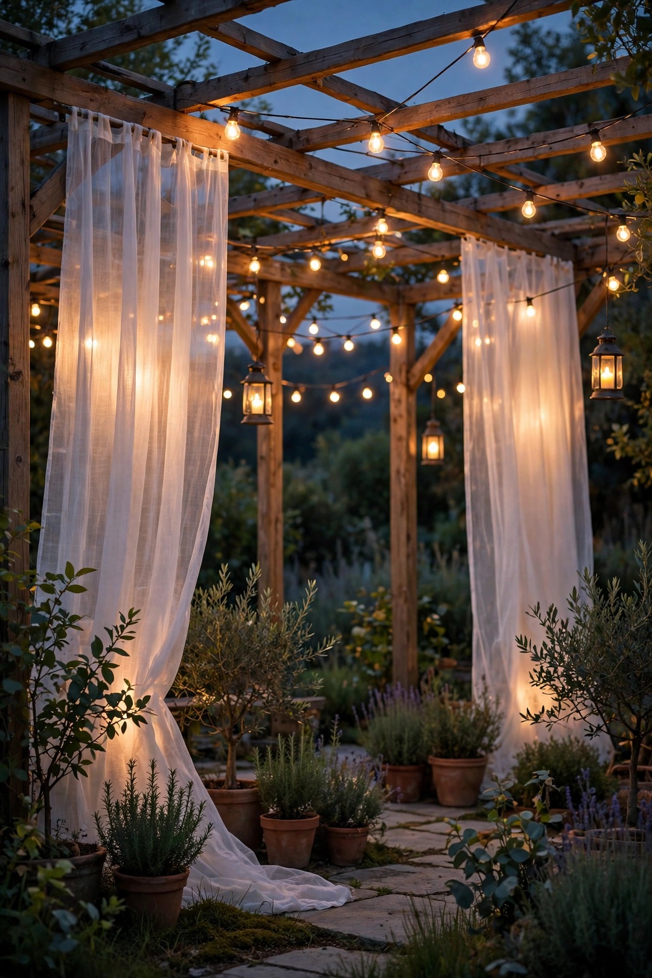 Pergola at dusk with sheer white curtains glowing softly under warm string lights and lanterns