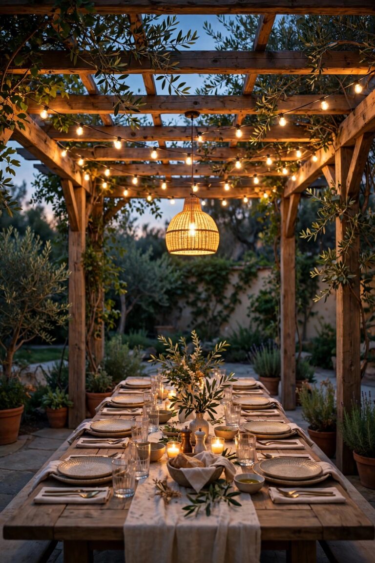 Pergola dining lighting ideas with warm string lights and a pendant glowing over a long outdoor dinner table at dusk