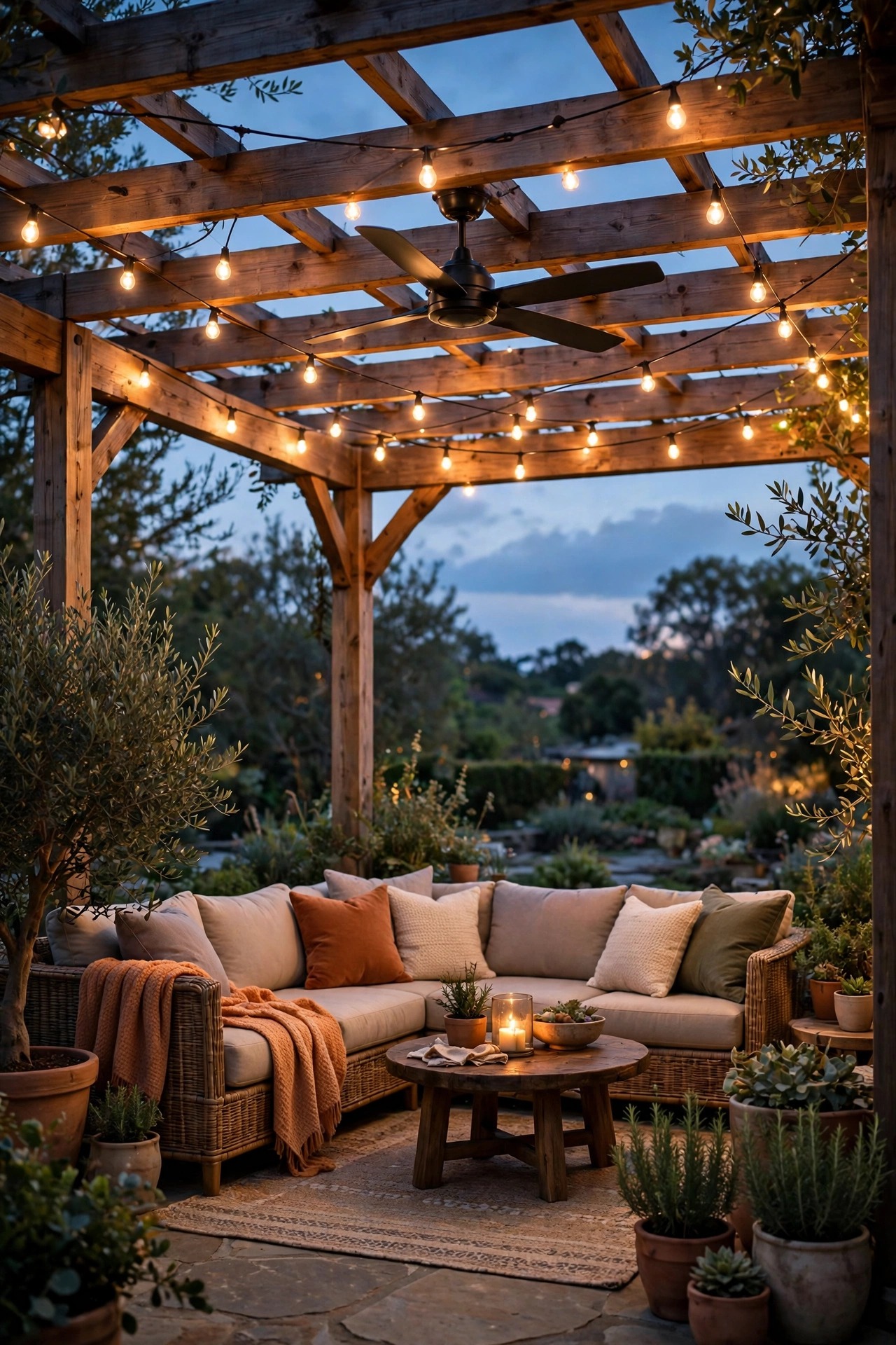 Pergola at dusk with a ceiling fan and warm string lights over a cozy outdoor seating area