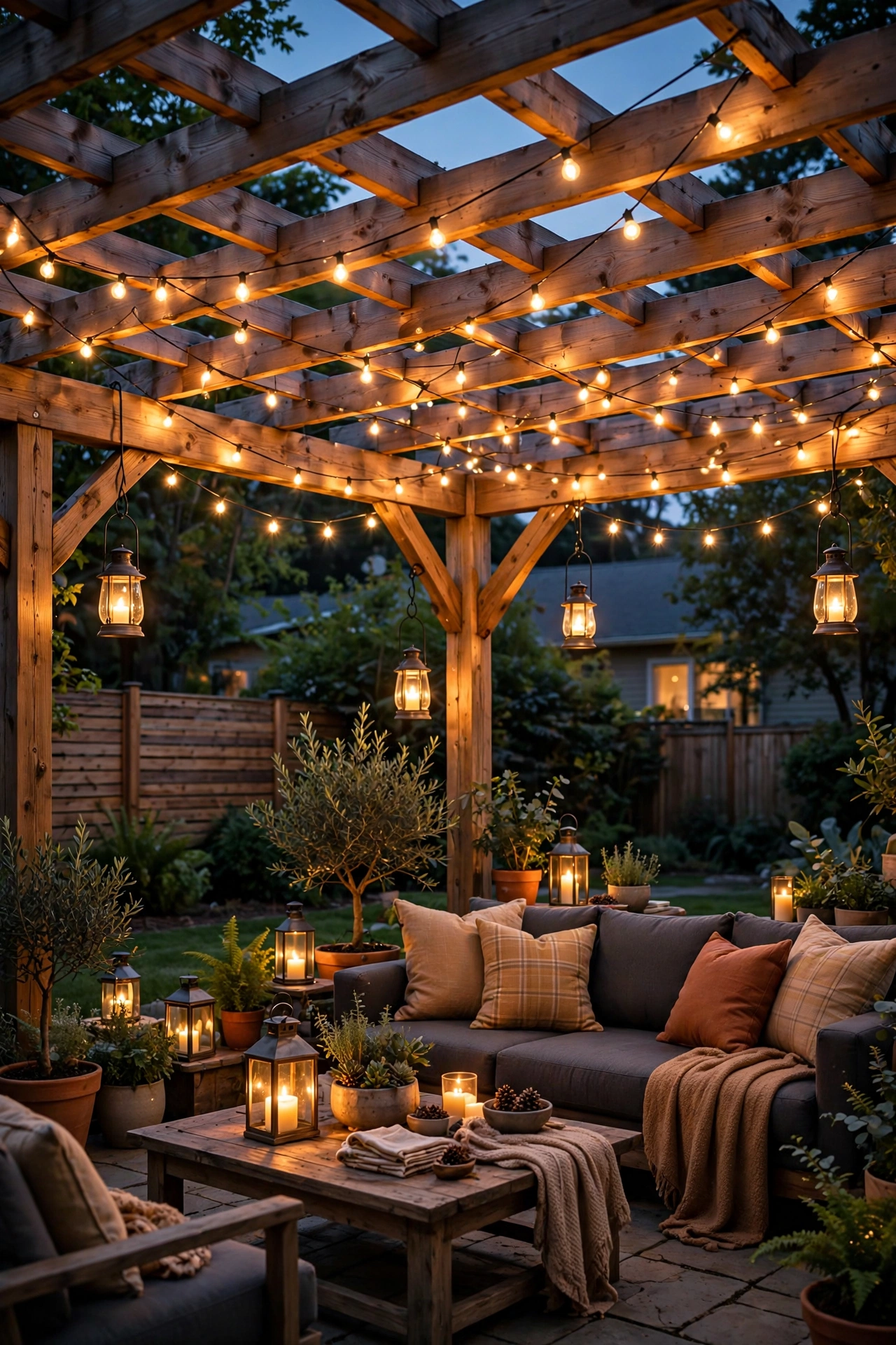 Pergola glowing with warm string lights and lanterns at dusk, cozy outdoor seating below
