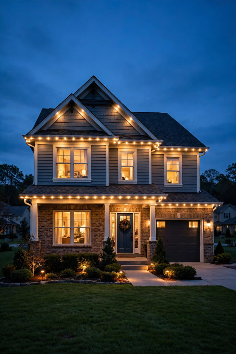Two-story American suburban home at dusk with warm white permanent outdoor Christmas lights glowing along rooflines and eaves