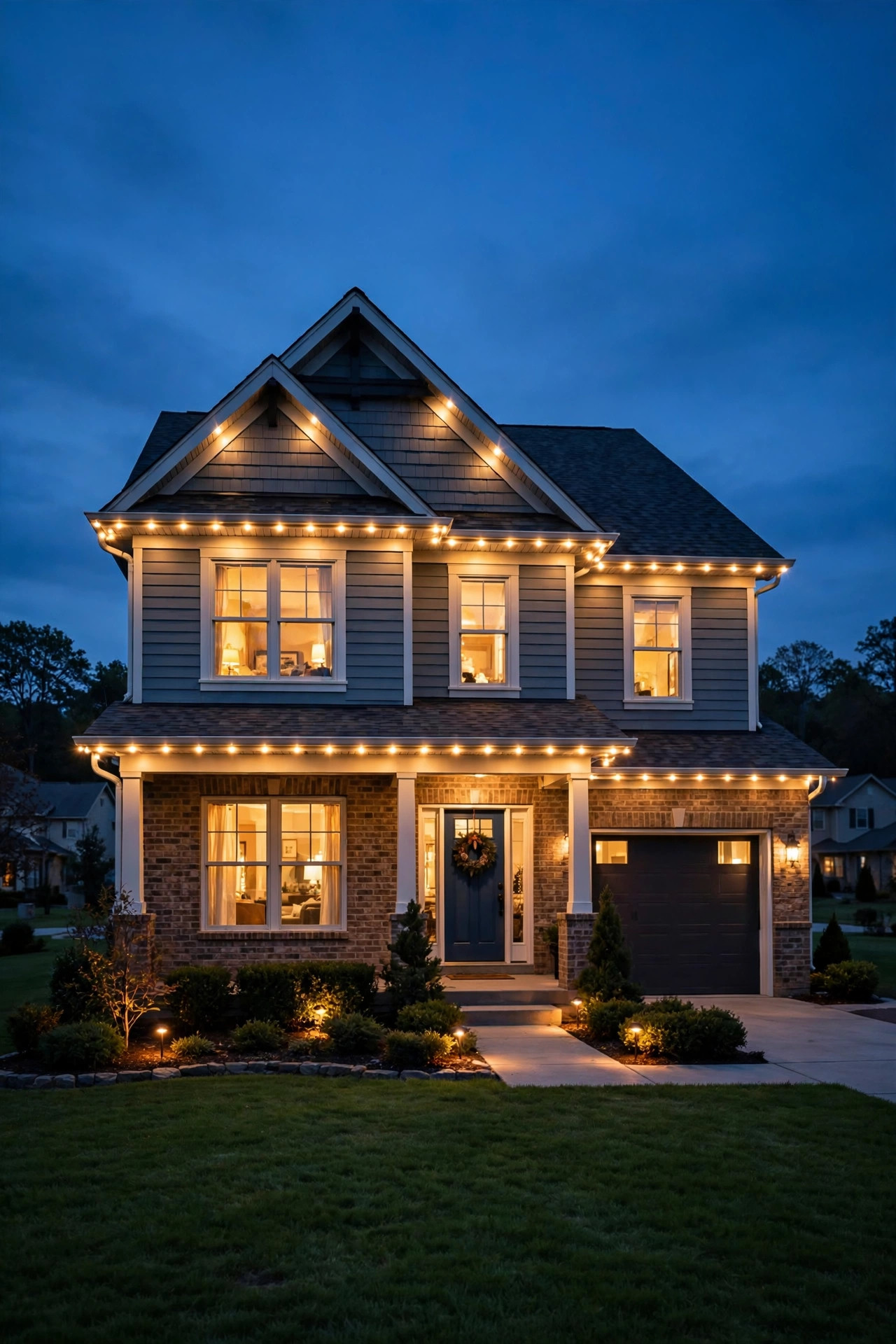 Two-story American suburban home at dusk with warm white permanent outdoor Christmas lights glowing along rooflines and eaves