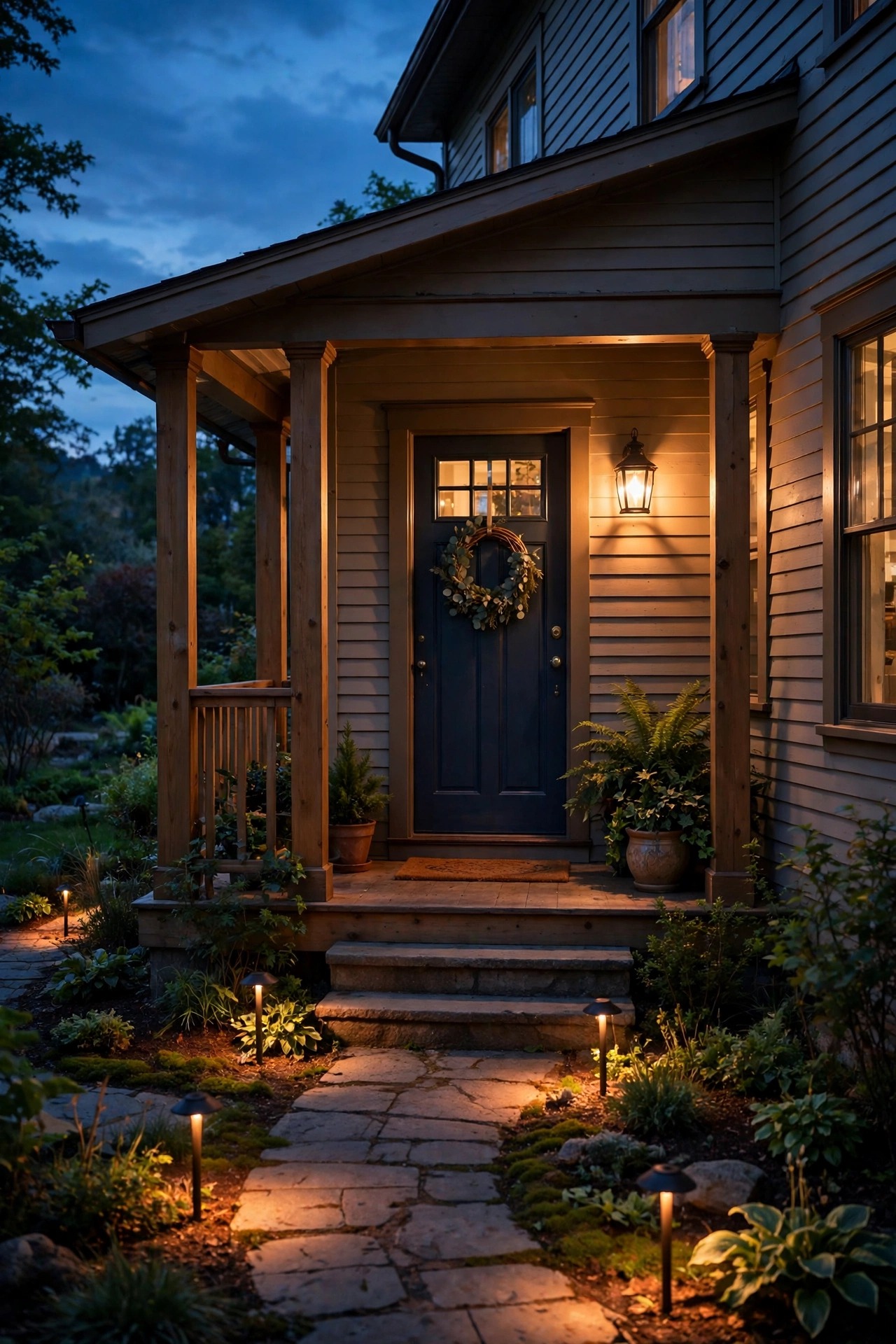 Welcoming front porch at dusk with a warm photocell lantern glowing beside the door and soft path lights leading up the walkway, all switched on automatically as darkness falls