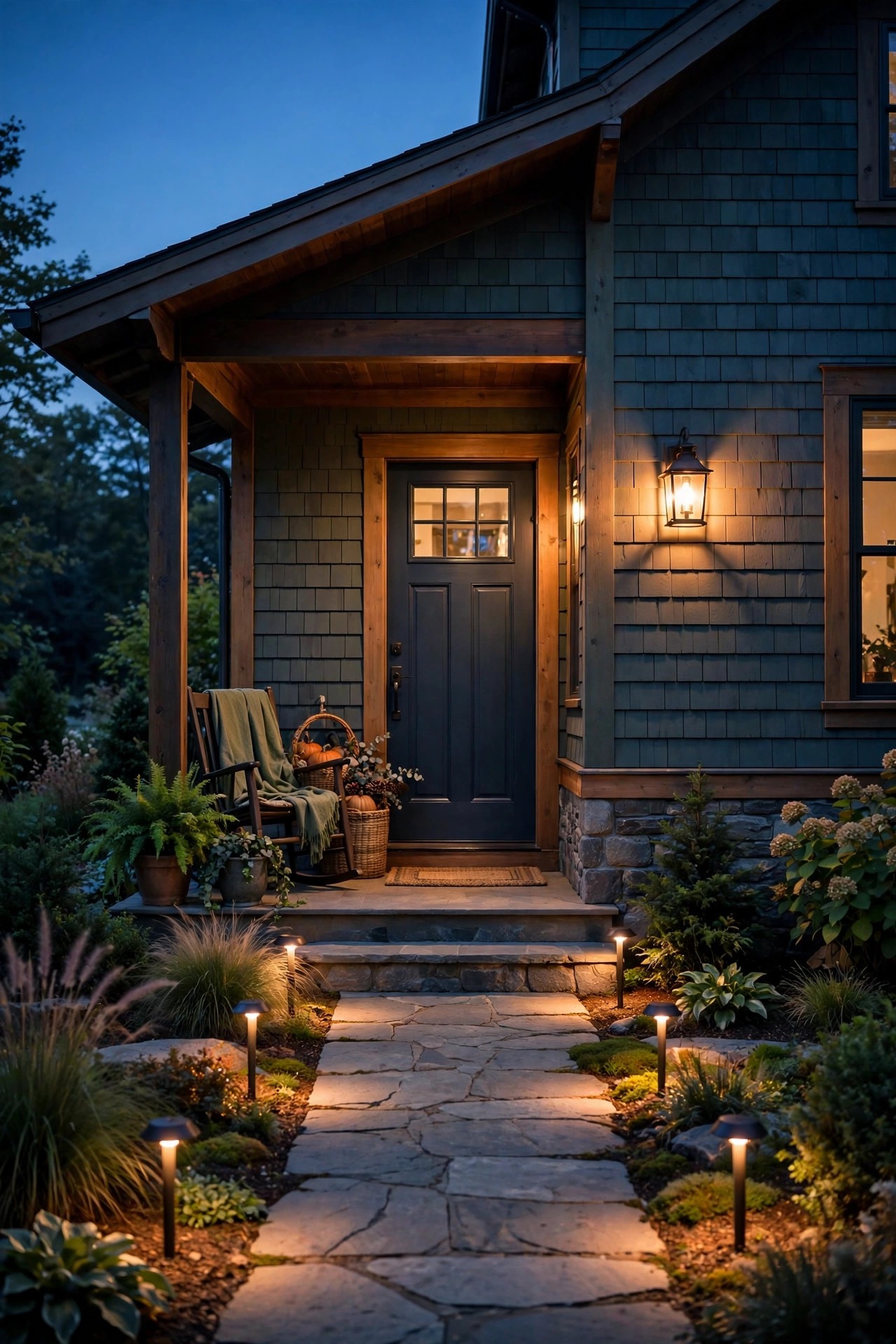Welcoming front porch at dusk with a warm glowing wall lantern beside the door and path lights just switching on along the walkway